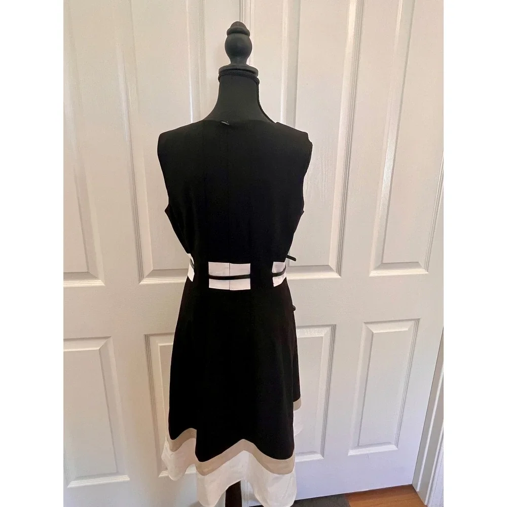 Calvin Klein Black White Colorblock Belted A-Line Midi Dress Career Women 6